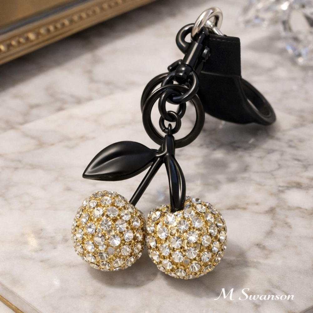 Gold Rhinestone Cherry Bag Charm Keychain Black Hardware NWT